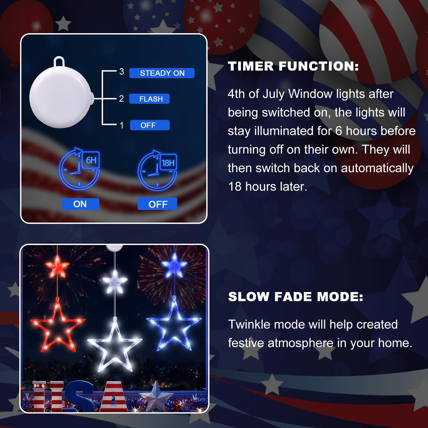 LYUBASA 4th of July String Lights Decorations, 3 Pack, Battery Operated, Red White and Blue, Indoor Window Star Lights, Patriotic Independence Day Decor