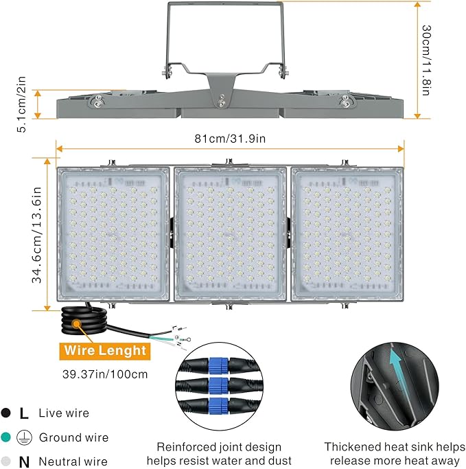 STASUN LED Flood Light Outdoor, 450W 40500lm Outdoor Lighting with 330° Wider Lighting Angle, 5000K, 3 Adjustable Heads, IP66 Waterproof LED Security Area Lights for Yard, Stadium, Parking Lot