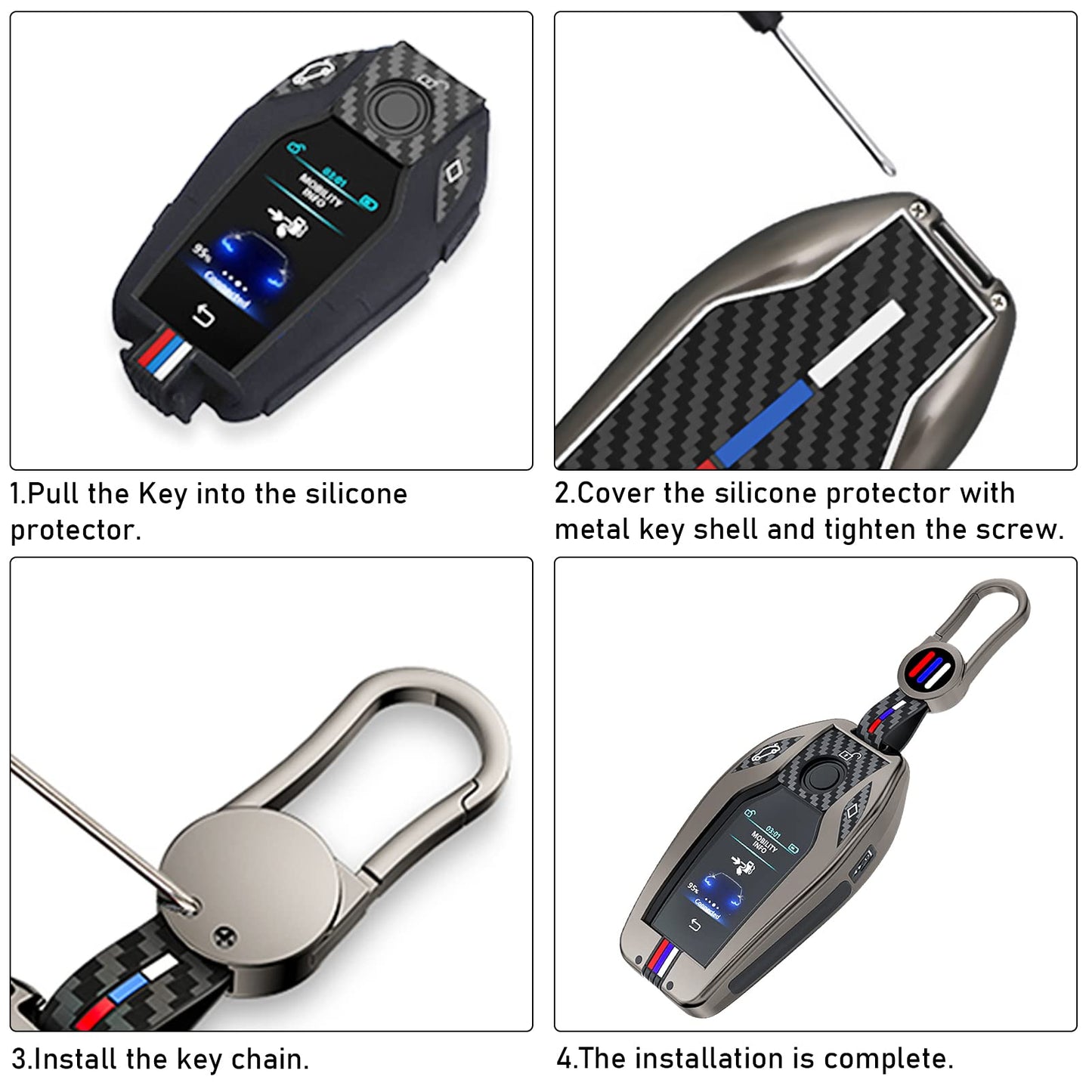 Jaronx Compatible With BMW Key Fob Cover 5' G30 G31/6' G32/7' G11 G12/X3 G01/X4 G02/X5 G05/X7 G07/i8, LCD Digital Touchscreen Smart Metal Key Cover Holder Carbon Fiber Pattern Rubber For BMW (1 Set)