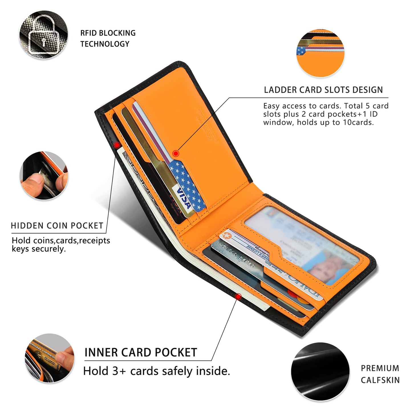 COZSEDY Calfskin Slim Wallets For Men RFID Blocking Leather Minimalist Front Pocket Mens Bifold Wallet Easy Access Ladder Card Slots (Black)