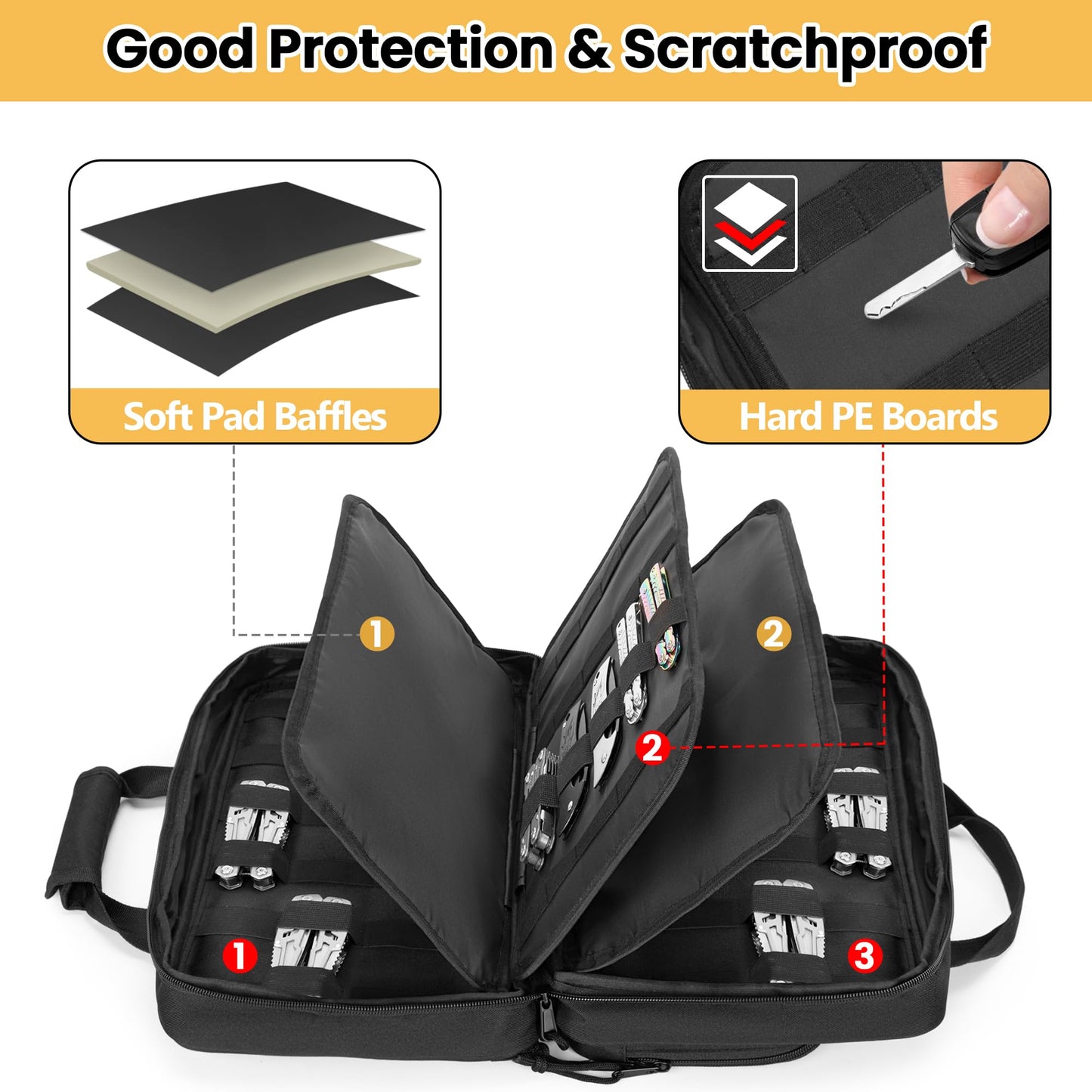 samdew Knife Display Bag for 74+ Pocket Knives, Butterfly Knife Storage Case with 3 Different Size Slots, Folding Knife Organizer Holder, Knife Collection Box with Hard PE Board, Soft Bag Only