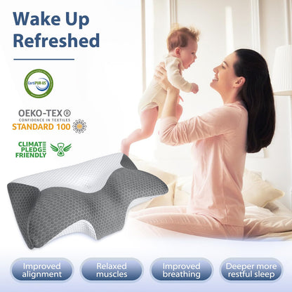 HOMCA Cervical Pillow, Ergonomic Memory Foam Pillow for Neck and Shoulder Pain Relief with Cooling Ice Silk Pillowcase, Orthopedic Neck Bed Pillow for Side, Back and Stomach Sleepers