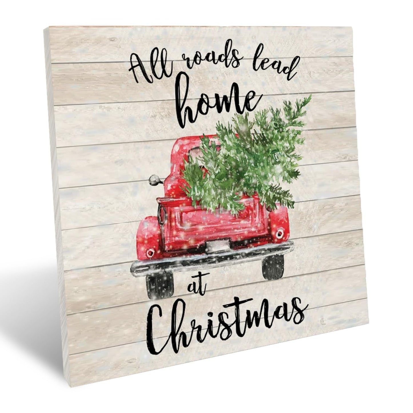 UNCDLV Rustic Christmas Decor, Red Truck with Christmas Tree Wood Sign Decor Gift for Women Men, Farmhouse Decorations for Home Office Desk Table Shelf Decorations 6x6 Inch