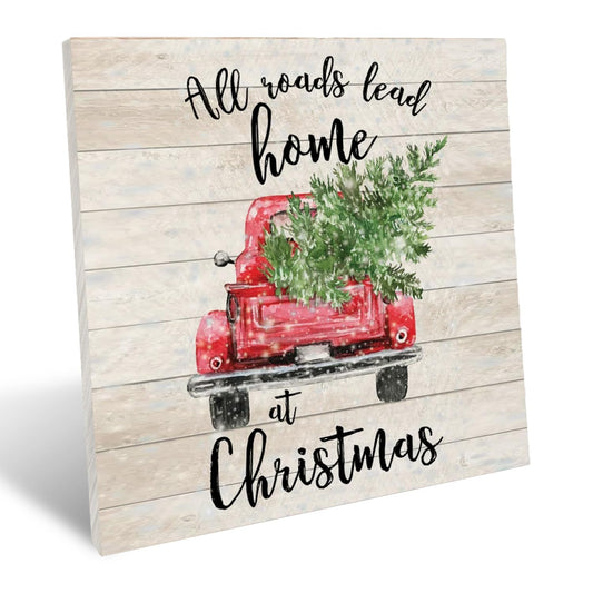 UNCDLV Rustic Christmas Decor, Red Truck with Christmas Tree Wood Sign Decor Gift for Women Men, Farmhouse Decorations for Home Office Desk Table Shelf Decorations 6x6 Inch