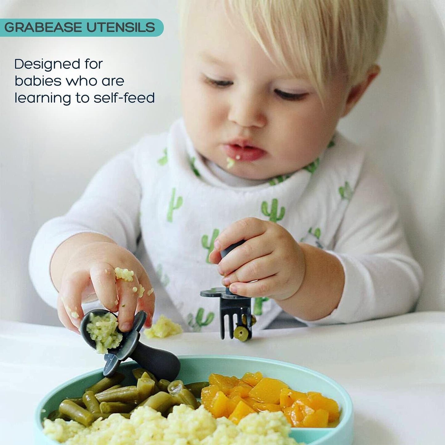 Grabease Baby & Toddler Spoons - Silverware, Utensils, BPA-Free & Phthalate-Free - 1 Set, Mint Baby Spoons - Toddler Utensils 1 Year Old