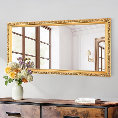 Large Vintage Mirror for Wall, 46''x 22'' Gold Antiuqe Living Room Mirror with Ornate Wood Frame, Decorative Mirrors for Entryway, Bathroom, Foyer, Hangs Horizontally or Vertically