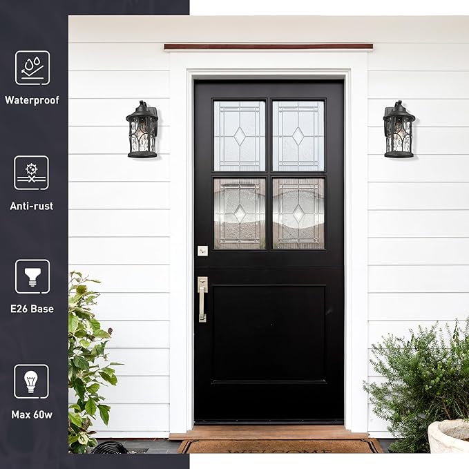 zeyu 2 Pack Patio Wall Light Fixture, 12 Inch Outdoor Modern Wall Lights, Die-Cast Aluminum, Black Finish with Water Ripple Glass, ZX48BWG-2PK BK