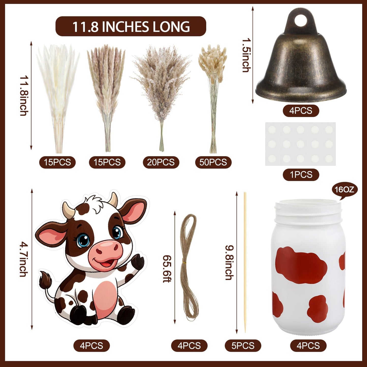 Ferrochef 4 Sets Farm Theme Centerpieces Cow Birthday Party Decorations for Tables, 119 Pcs Farm Party Decoration Include Mason Jars Bell Dried Pampas Grass Kit for Birthday Baby Shower(Brown)