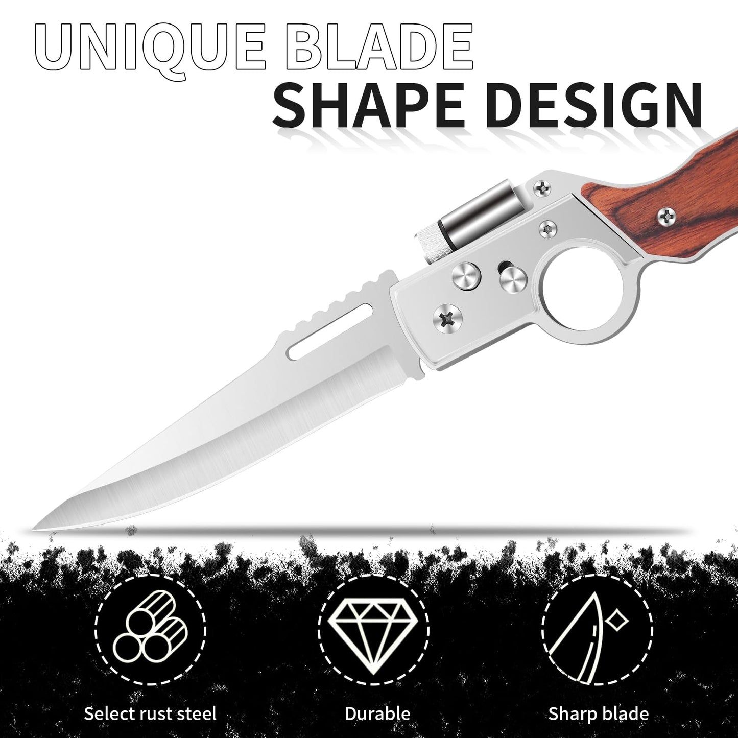 Uninuou AK47 Style Tactical Folding Knife 4-Pack – Bulk Set with LED Light, Wood Handle, Laser Engraving Ready, Groomsmen Gifts for Men, Outdoor Camping Hiking Gear (4)