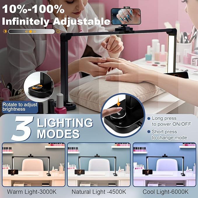 CGBE Foldable Nail Light for Desk with Phone Holder, Ultra-Large 33.5" Manicure Nail Tech Lights for Desk for Nails, Tattoos, Eyelash, Facial, Beauty (Black)