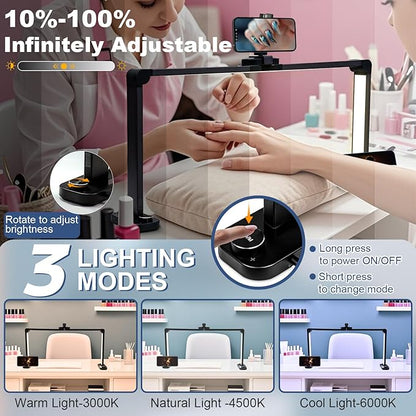 CGBE Foldable Nail Light for Desk with Phone Holder, Ultra-Large 33.5" Manicure Nail Tech Lights for Desk for Nails, Tattoos, Eyelash, Facial, Beauty (Black)