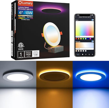 Lumary Smart Recessed Light Pro 6 Inch with RGB/Night Ring, 13W 1100LM Smart Wafer Downlight, Canless with Junction Box, Compatible with Alexa/Google Assistant/BT Remote, ETL Listed, 1Pack