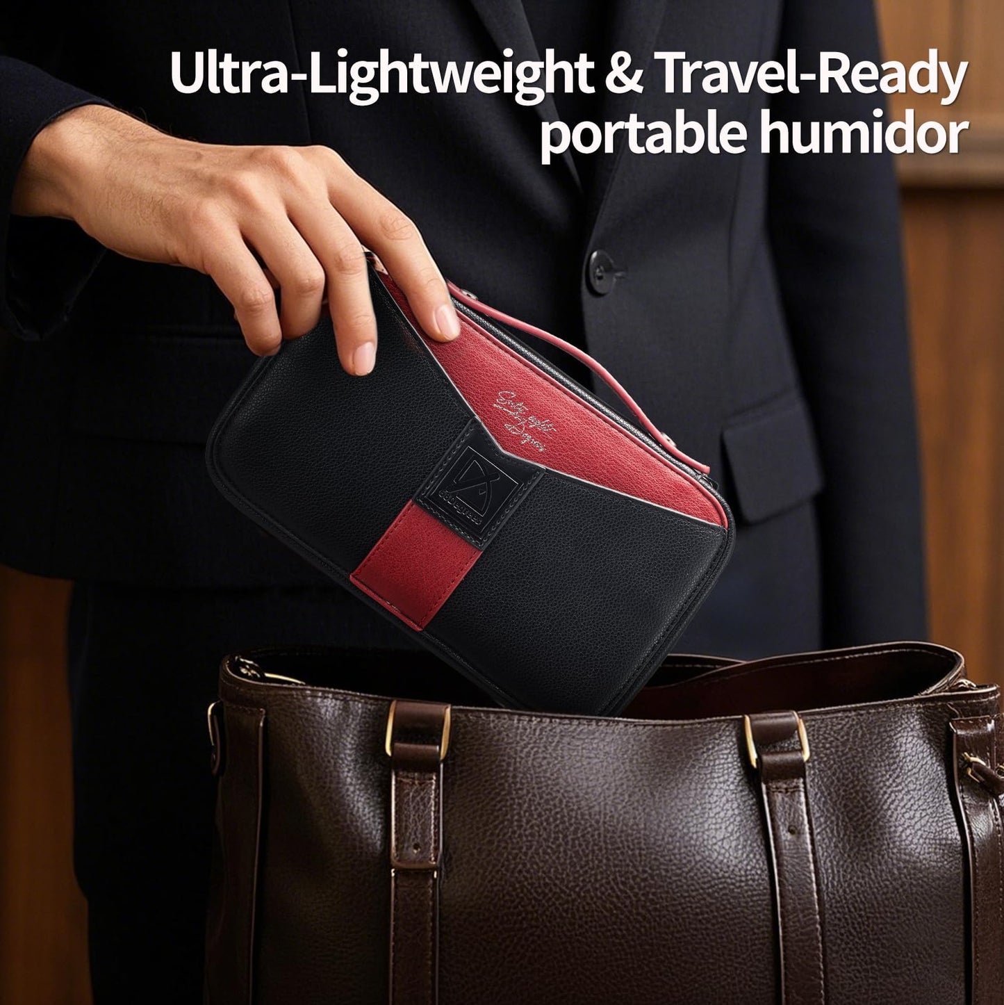 68 Degrees Leather Travel Case – Red Portable Organizer with 3 Accessory Pockets, Full Grain Hard Shell, Zipper, Gift Pouch for Men