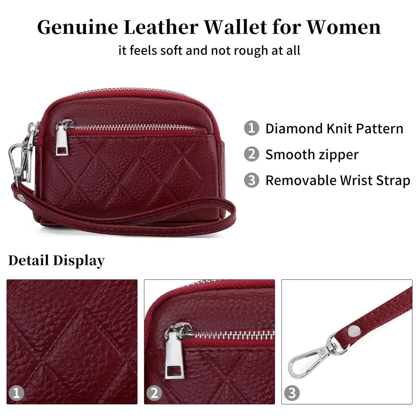 SENDEFN Women's Coin Purse Genuine Leather Wallet 3 Zippers Change Pouch with Wristlet