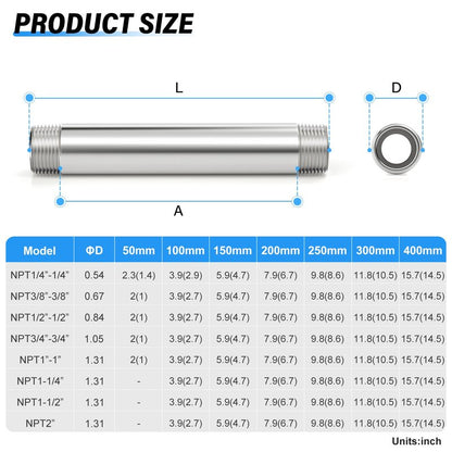 TAILONZ PNEUMATIC 3/4" NPT Male x 3/4" NPT Male 304 Stainless Steel Pipe Nipple, 16" Length Cast Pipe Fitting, Threaded Connector（Pack of 3）