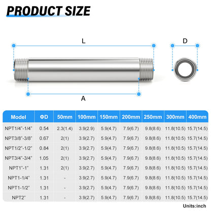 TAILONZ PNEUMATIC 2" NPT Male x 2" NPT Male 304 Stainless Steel Pipe Nipple, 10" Length Cast Pipe Fitting, Threaded Connector（Pack of 2）