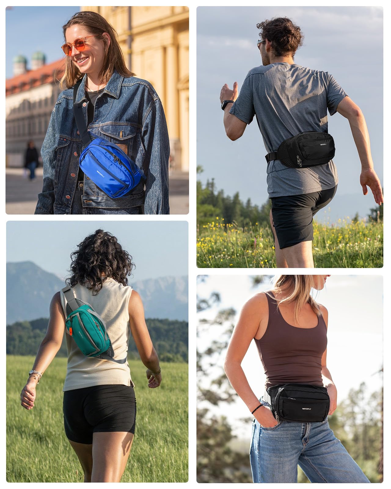 WATERFLY Fanny Pack Waist Bag: 2.3L RFID Blocking Anti-Theft Crossbody Bags with Bellows-Style Opening, Breathable Casual Hip Pack for Women Men Traveling Walking Hiking-Black