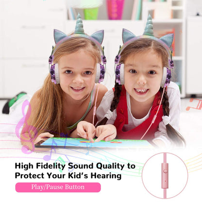 TCJJ Unicorn Kids Headphones for Girls Children Teens, Wired Headphones for Kids with Adjustable Headband, 3.5mm Jack and Over On Ear Headset w/Mic for School Birthday Xmas Unicorn Gift