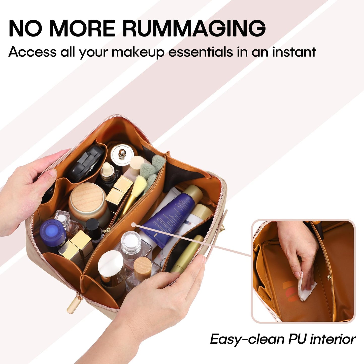 Large Capacity Travel Cosmetic Bag - Open Flat Makeup Bags for Women Waterproof PU Leather Checkered Makeup Organizer Bag,Toiletry Bag for Cosmetics, Portable Make up Bag for Travel Essentials, Khaki