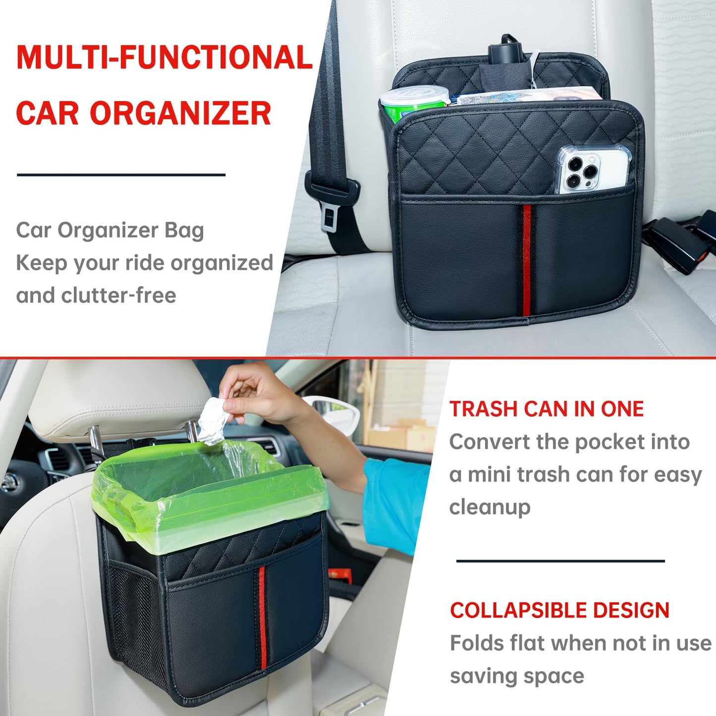 JHLGRE Car Seat Back Organizer, 1 Pack Multifunctional car organizers and storage with Cup Holders, Car Trash Can, Back of Seat Car Organizer for Kids & Adults, Universal for Most Cars, Black
