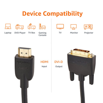 Amazon Basics HDMI to DVI (Male) Adapter Cable, Bi-Directional 1080P, 6 ft/1.8 m, Gold-Plated, Easy to Install, Single Pack for Television, Black