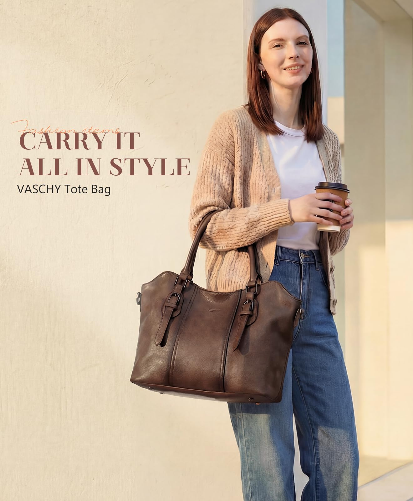 VASCHY Hobo Bags for Women, Vegan Leather Top Handle Satchel Shoulder Purse Handbag Purse with Crossbody Guitar Strap Coffee