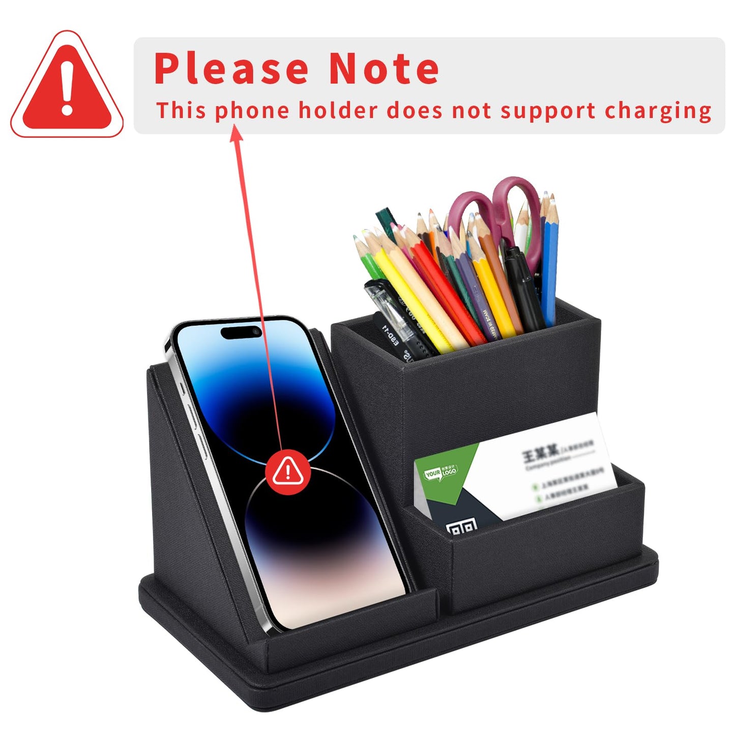 XNONE Pu Leather Desk Pen/Pencil Organizer Multi-Function Cell Phone/Remote Control Storage Box with 3 Compartments Office Supplies Sticky Note Tray Business Cards Holder,Black
