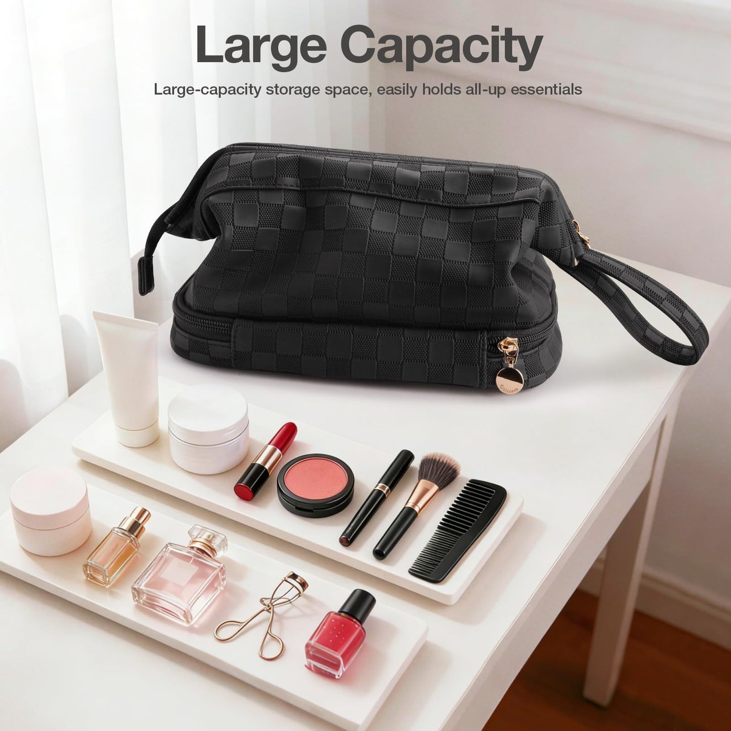 Abiudeng Large Makeup Bag for Women,Travel Makeup Organizer with Brush Holder, Dopp Kit Essentials,Waterproof Checkered Cosmetic Bag for Traveling,Multi Compartment,Cute,Spacious Capacity-Black