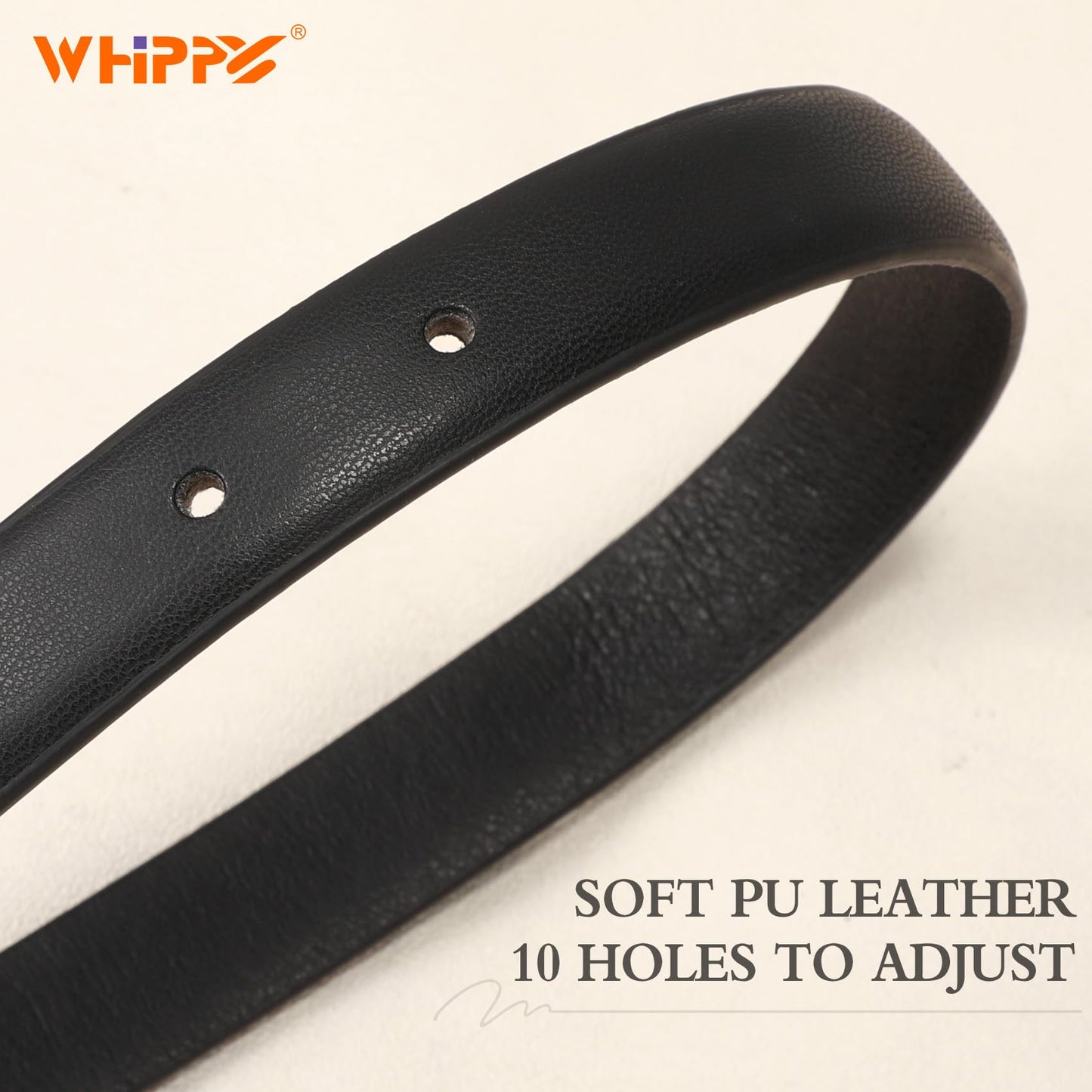 WHIPPY Women Skinny Leather Belt for Jeans Pants Dresses Ladies Fashion Waist Belt with Shiny Gold Buckle,Black Gold,S