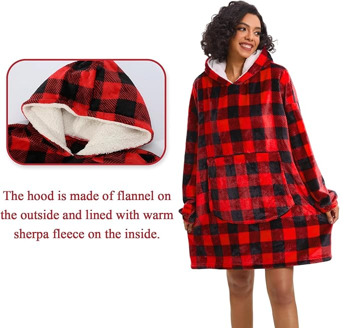 Wearable Blanket Hoodie Red Plaid Warm Sweatshirt Hooded Blanket One Size Fits All