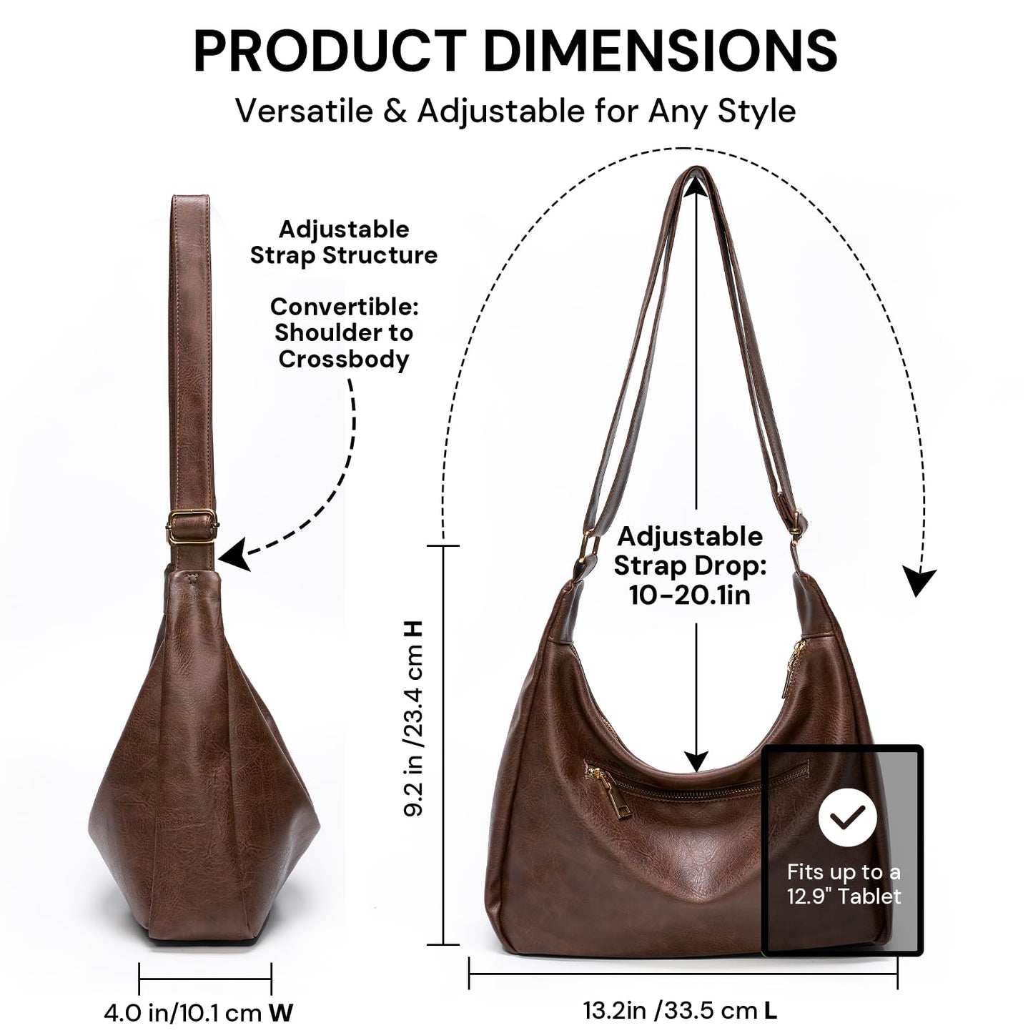 Purses for Women Slouchy Shoulder Bag Hobo Bag Soft Vegan Leather Adjustable Wide Strap Crossbody Tote Multi Pocket Handbags (Brown)
