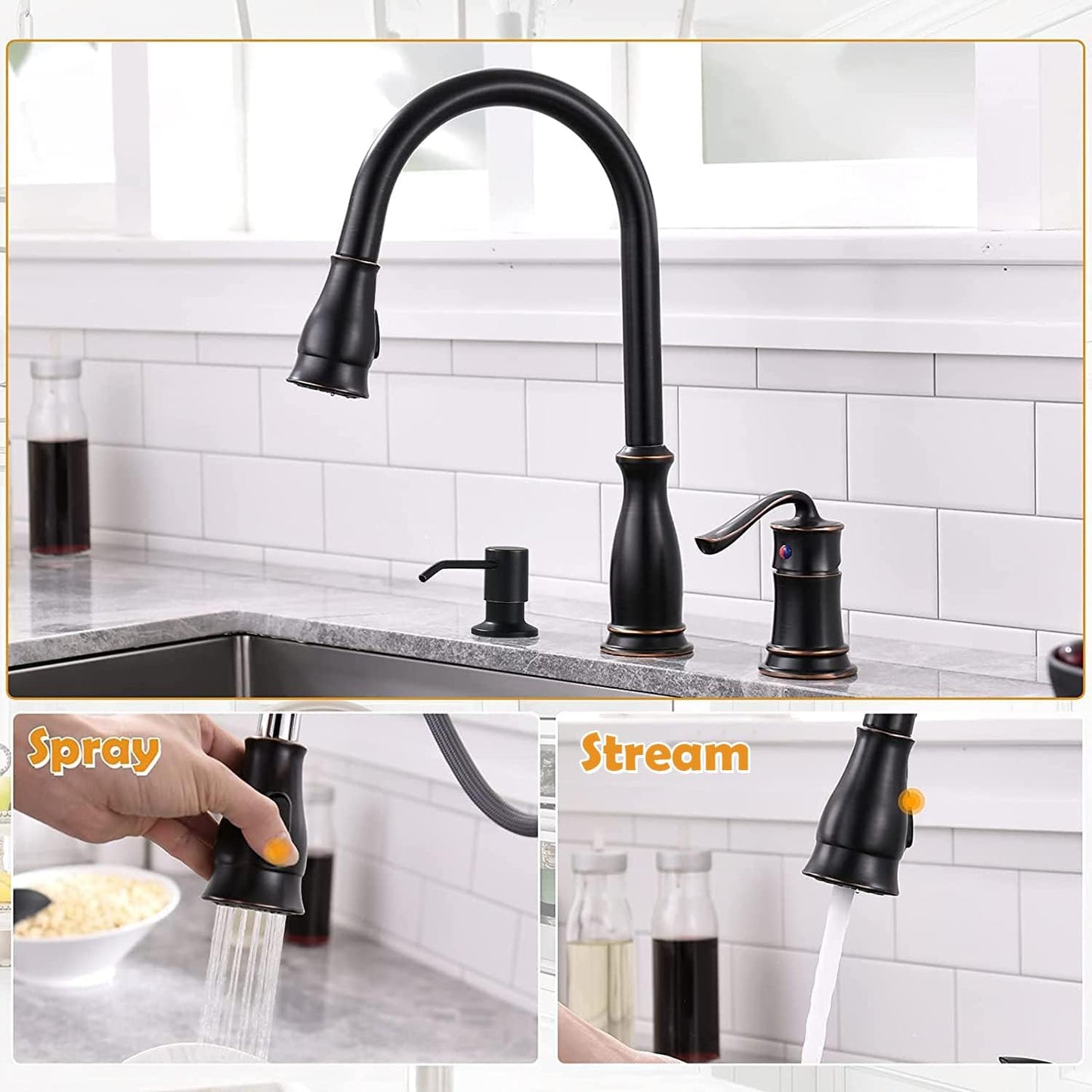 APPASO 3 Hole Kitchen Faucet with Pull Down Sprayer, Kitchen Faucets with Soap Dispenser, 3 Pieces Kitchen Sink Faucet with Separate Handle, Matte Black Kitchen Faucet 3 Hole, 218MB