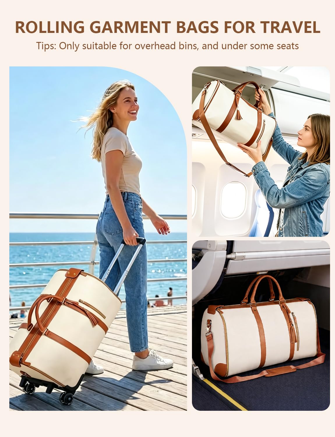 BSAKG 3 in 1 Convertible Garment Duffle Bags for Travel 45L Smooth Zipper Rolling Duffle Bag With Wheels Waterproof Carry On Duffle Bag for Men&Women with Weekends Weddings Business Short Trips Beige