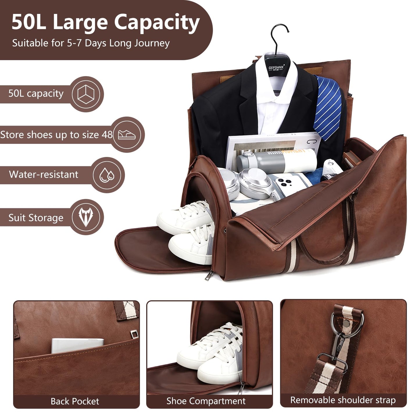 Leather Garment Bags for Travel, Convertible Carry on Garment Duffel Bag for Men, 2 in 1 Waterproof Foldable Travel Suit Bag with Shoulder Strap Weekender Bag with Shoe Pouch