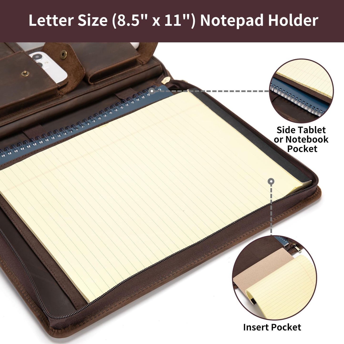 Geslun Genuine Leather Portfolio with Hidden Handle, Zippered Front Pocket, Business Padfolio for Men and Women, 8.5 x 11 Legal Pad Notebook Holder, Office Letter Notepad Folio, Dark Khaki