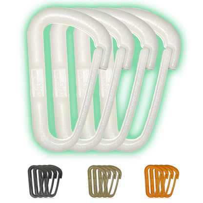 Breakwater Supply™ Hingeless Glow in the Dark Carabiner Hooks 4 Pack, Small 2-inch Gear Attachment Clips for Keys, Water Bottle, Backpack, MOLLE + Ultralight, D-Ring, D-Shape (White with Green Glow)