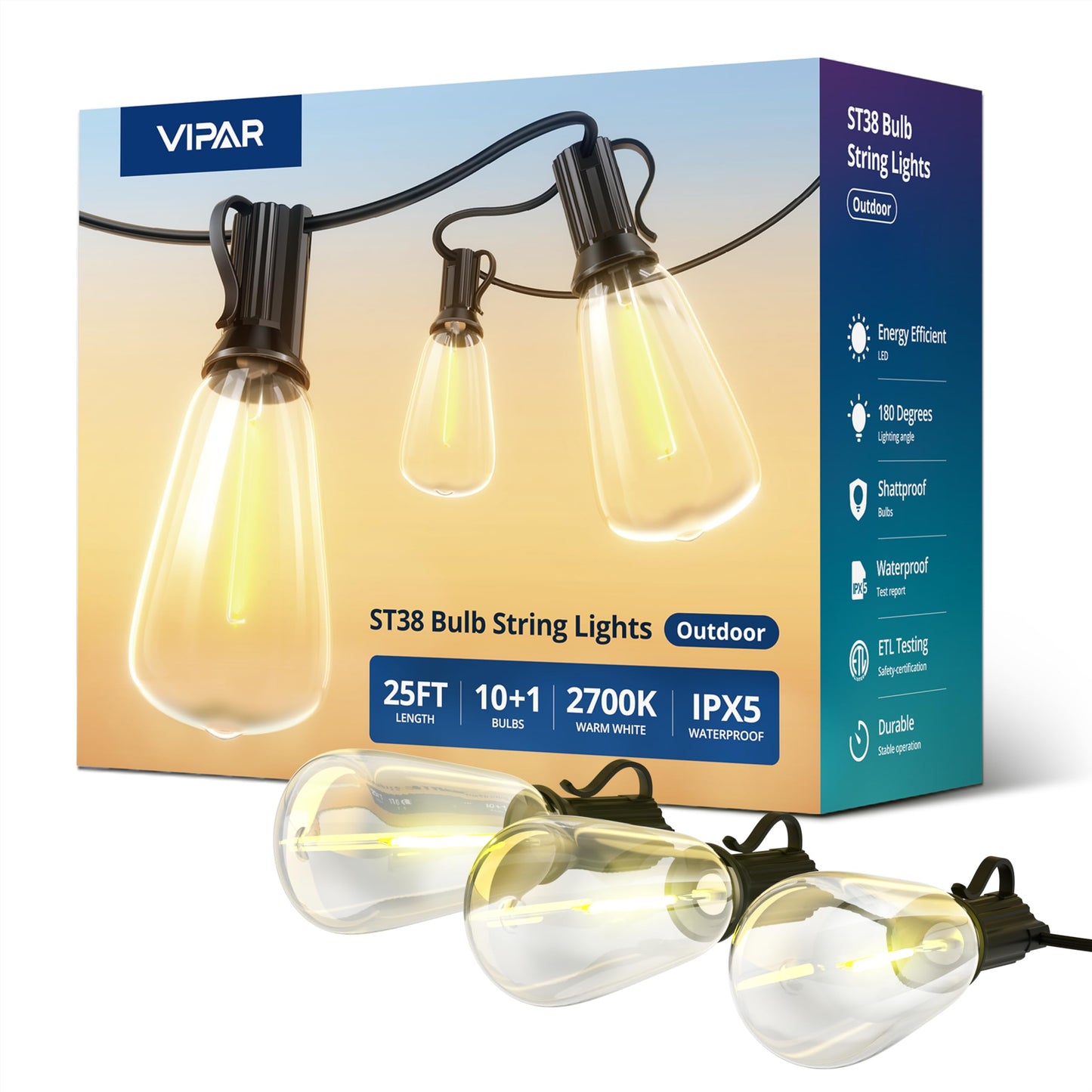 VIPAR Outdoor String Lights 25FT LED Patio Lights IPX5 Waterproof with 10+1 ST38 Shatterproof Edison Bulbs, 2700K Connectable Outside Hanging Light for Porch, Garden, Backyard, Deck, Balcony, Decor