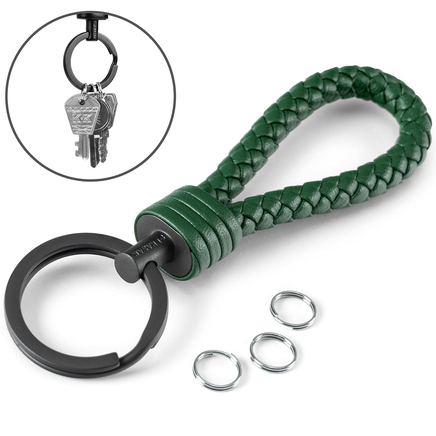 SERASAR Leather Cord Stainless Steel Key Chain Additional Rings Small Keys Ideal Car, Motorcycle, Bicycle House Keychain Gift Box