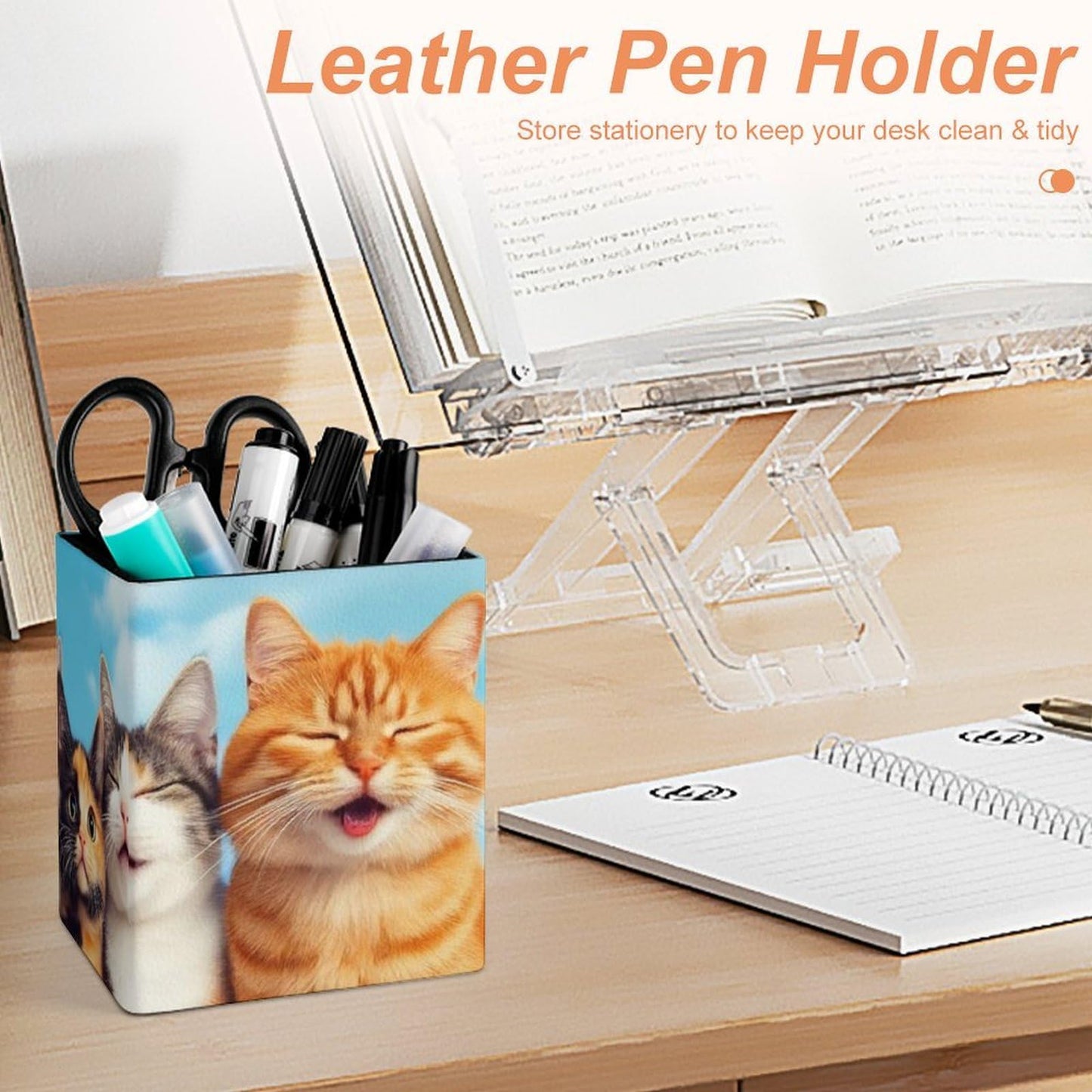 UTRSIFB Holder Cup Makeup Brush Storage Organizer, Waterproof Multifunctional Office Supplies, Pen Holder Square Leather Pencil Cute Cats