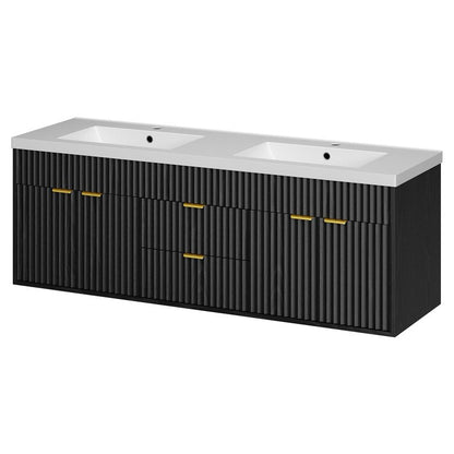 CARPETNAL 60 Inch Bathroom Vanity with Sink, Modern Fluted Large Double Sink Bathroom Vanity with Sink with 2 Storage Cabinets, Adjustable Shelf and 2 Drawers, Black