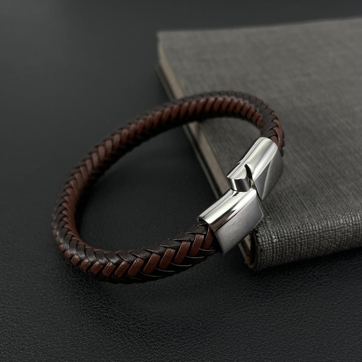 Kim Carrey Italian Handmade Genuine Leather Bracelets for Men Stainless Steel Clip, Men's Casual Genuine Multi-layer Cuff Bracelet, Bracelet Gift for Real Men (8.6" Large Size Black Brown Weave)