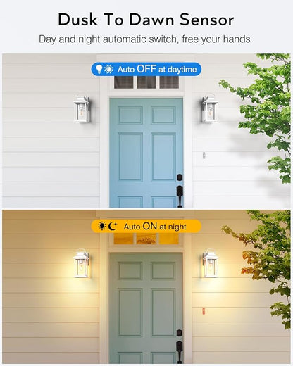 VIANIS White Porch Lights Outdoor, Modern Dusk to Dawn Exterior Lighting Fixtures Wall Mount for House, 100% Aluminum Waterproof Outdoor Wall Sconce Lantern with Tempered Glass for Garage, Front Door