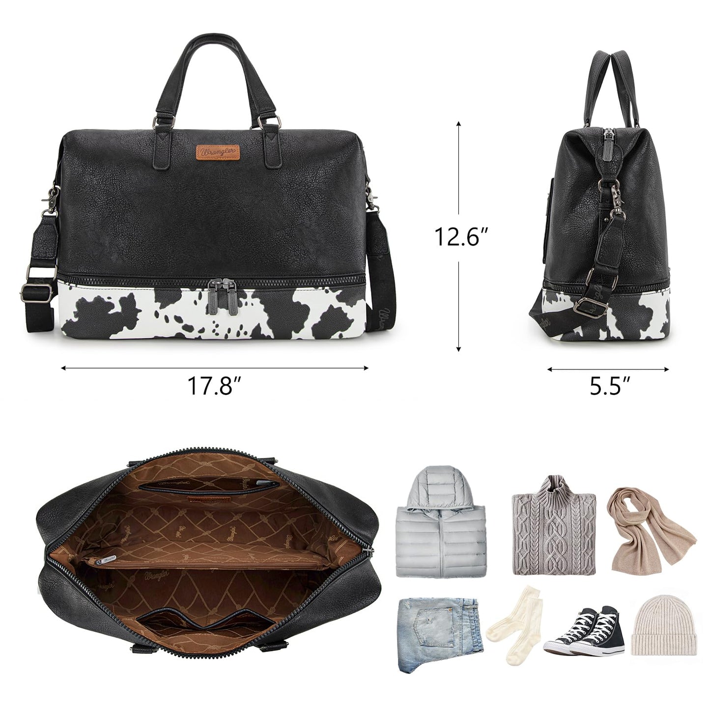 Wrangler Travel Duffel Bag Carry On Overnight Bag with Shoe Compartment Cow Print Weekender Bag for Women WG253-5110COW-BK
