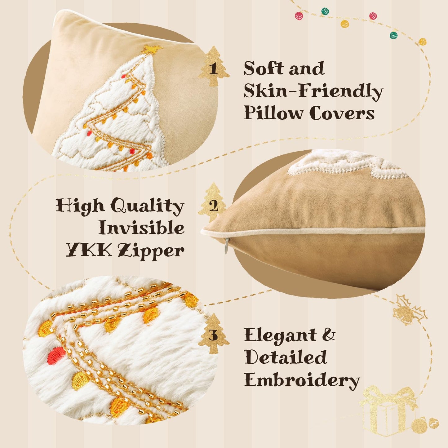 Ashler Christmas Tree Throw Pillow Covers, Plush 3D Pillow Covers, Beige, 18x18IN, Set of 2, Star Embroidered, Velvet Pillowcase with Contrast Piping, Festive Decor for Bedroom, Living Room