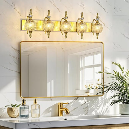 Modern Crystal Bathroom Vanity Lights Fixtures Over Mirror Gold Vintage 5-Lights 36 Inch Bathroom Light Fixtures Glass Crystal Vanity Lights