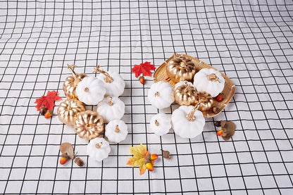 Artmag 16 Pcs Assorted Fall Artificial Pumpkins Harvest White Faux Pumpkins and Gold Plating Pumpkins for Halloween Fall Thanksgiving Decorating Displaying