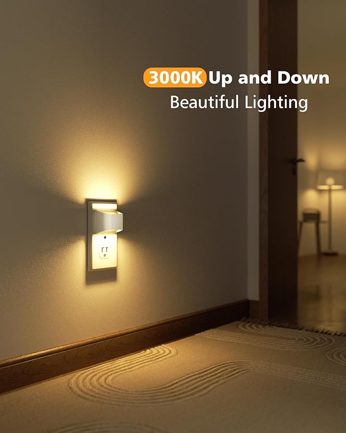 VOLISUN Night Lights Plug into Wall, 2 Pack Up and Down LED Night Light with Dusk to Dawn Light Sensor, 3000K Warm White Nightlight for Hallway, Bedroom, Bathroom, Kitchen White