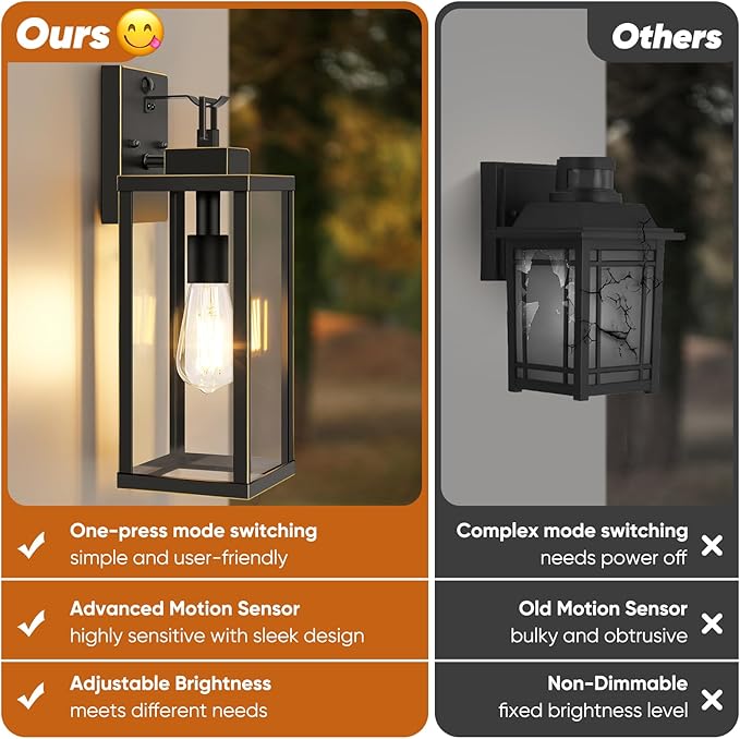 BesLowe 16” Upgraded Motion Sensor Outdoor Wall Lights, Dusk to Dawn Porch Lights Outdoor Wall Sconces, 3 Lighting Modes Exterior Lighting Fixtures with Hooks, Bronze Outside Lights for House, 2-Pack