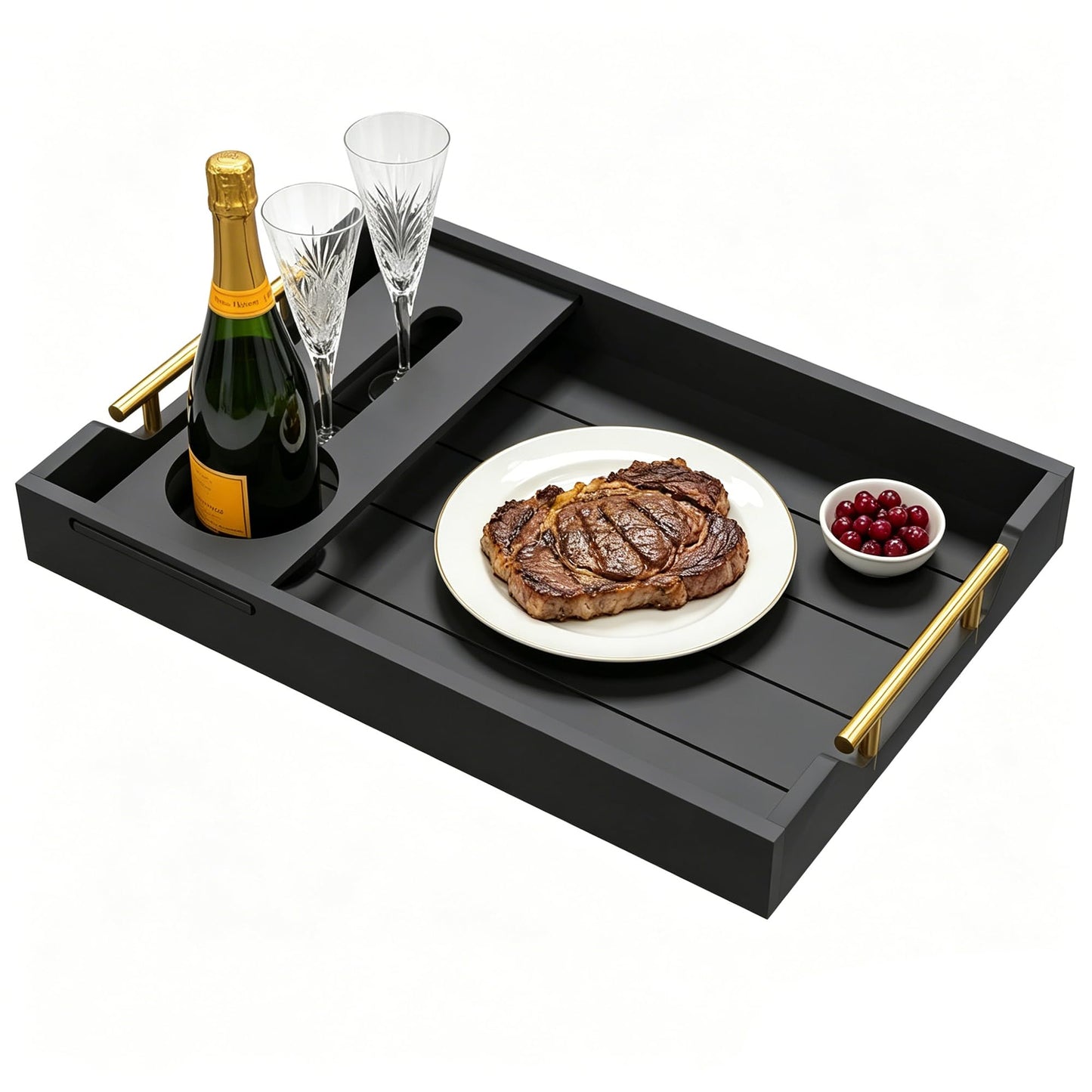 Black Wood Serving Tray with Removable Wine Glass Holder, Couch Snack Tray for Movie Night, Sofa, Ottoman, Coffee Table, Wedding and Housewarming Gift
