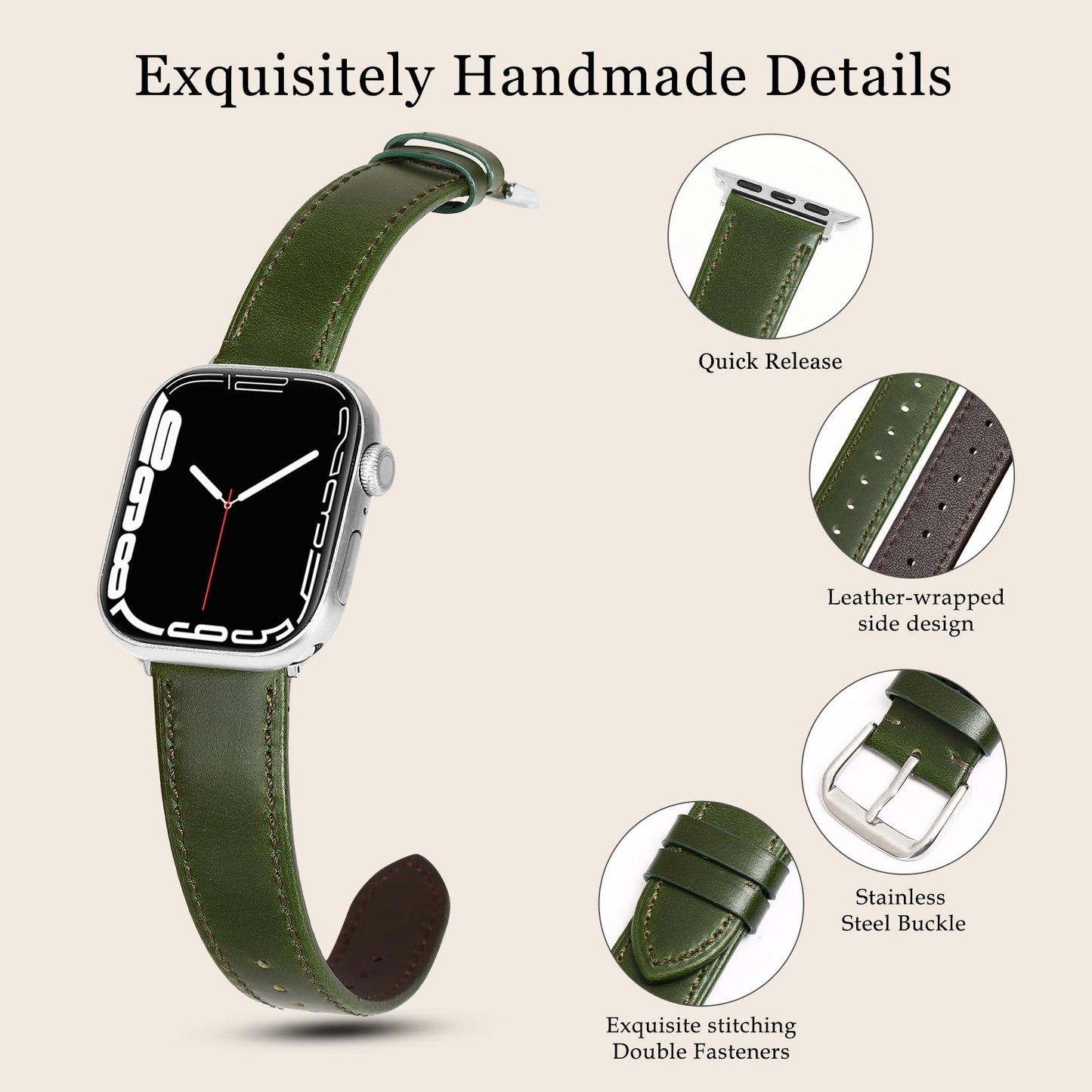 Soft Top-Grain Leather Watch Band Men Women, Compatible with All Apple Watch Series, Breathable, Sweat-Resistant iWatch Strap